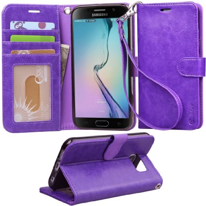 S6 Case, Arae Samsung Galaxy S6 wallet case,[Wrist Strap] Flip Folio [Kickstand Feature] PU leather wallet case with ID&Credit Card Pockets For Samsung Galaxy S6 (Purple)