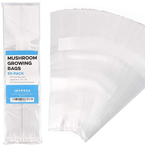 Impresa Products 50-Pack Mushroom Growing Bags Mushroom Spawn Bags, Extra Thick 6 Mil Bags, Large Size 6" X 5" X 20" 0.2 Micron Filter Breathable, Autoclavable Bags That Stand Up