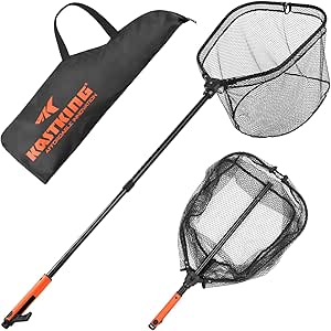 KastKing Brutus Folding Landing Net with Boat Hook, Foldable, Extendable, Lightweight & Strong, Multi-Functional Built-in Boat Hook, Non-Slip & Bright Orange TPR Handle, Two Nets Options