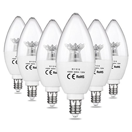 CPLA LED Candle Light Bulbs, 60W Incandescent Light Bulbs Equivalent, 4000K Daylight LED Chandelier Light Bulb with Candelabra E12 Base, Non-Dimmable, Pack of 6