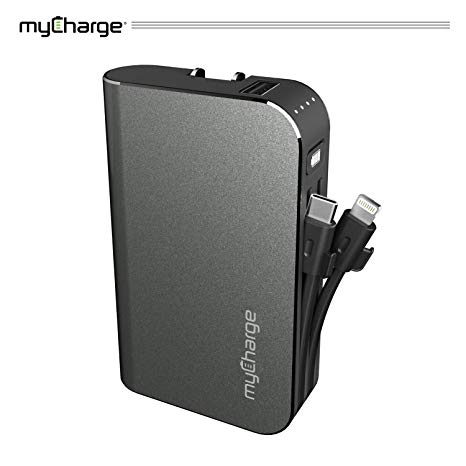 myCharge Portable Charger Power Bank - HubPlus 6700 mAh Turbo (PD & QC3.0) External Battery Pack | Foldable AC Wall Plug | Two Built in Cables for Apple (iPhone Lightning) & for Samsung (USB Type C)