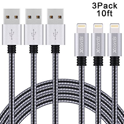 Xcords(TM) 3Pack 10FT Nylon Braided Lightning to USB Syncing and Charging Cable Data Cord Compatible with iPhone 7/ 7 Plus/ 6/ 6 Plus/ 6s/ 6s Plus/ 5/ 5s/ 5c/ SE/ iPad /iPod and More(Black&Grey)