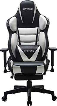 SITMOD Gaming Chair PC Computer Racing Chair 200kg Recliner Lumbar Support, Comfy Ergonomic Armchair High Back Gamer Chairs E-Sport PU Leather Rocking Desk Chair with Footrest-White