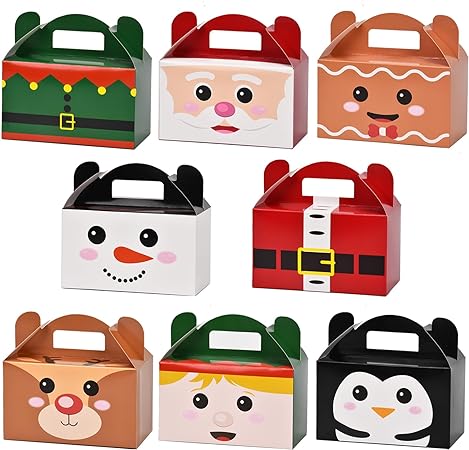 MOORAY Christmas Treat Boxes, 24 Pieces Santa Elf Snowman Elk 3D Christmas Goody Candy Cookie Boxes with Handles for Xmas Holiday Party Favor Supplies, 6"x3.5"3.5", 8 Designs