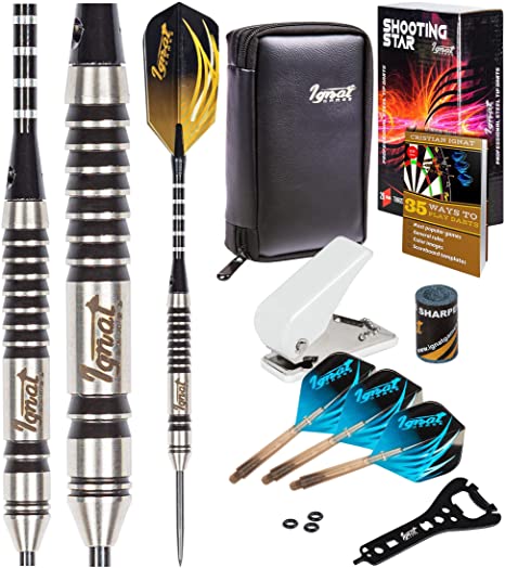 IgnatGames Steel Tip Darts Set - Professional Darts with Aluminum Shafts, Rubber O'Rings, and Extra Flights   Dart Sharpener   Innovative Case   Darts Guide (Tungsten or Brass)