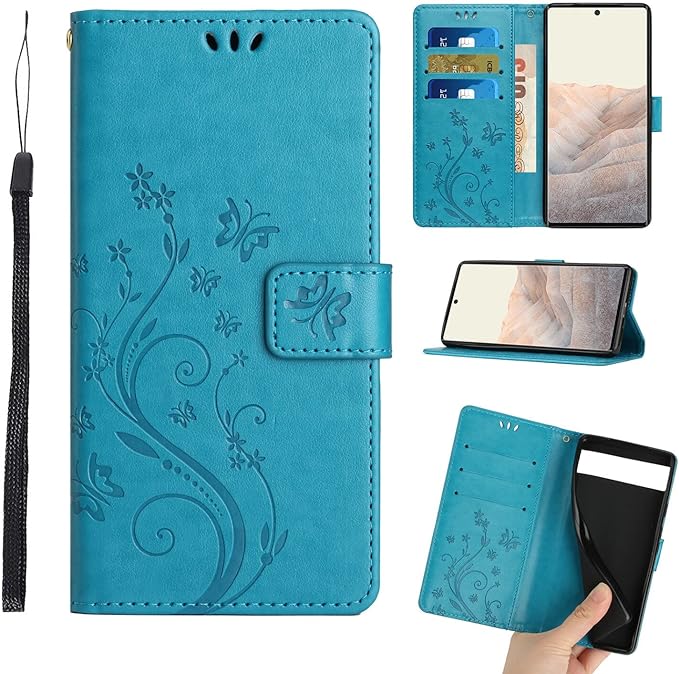 Mavis's Diary Pixel 7a Case Wallet, Magnetic Leather Folio Cover for Google Pixel 7a Flip Case with Card Holder Kickstand, Butterfly Floral Embossed Folding Phone Case for Women (Teal Blue)
