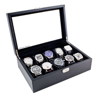 Caddy Bay Collection Carbon Fiber Pattern Glass Top Watch Case Display Storage Watch Box Holds 10 Watches