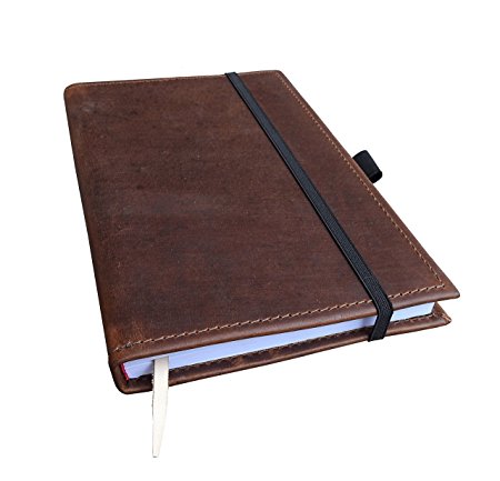 Large Refillable Handmade Leather Journal with Pen Loop and Leather Bookmark - 8" X 5.75" Moleskin Style Elastic Closure (Crazy Horse Dark Brown)