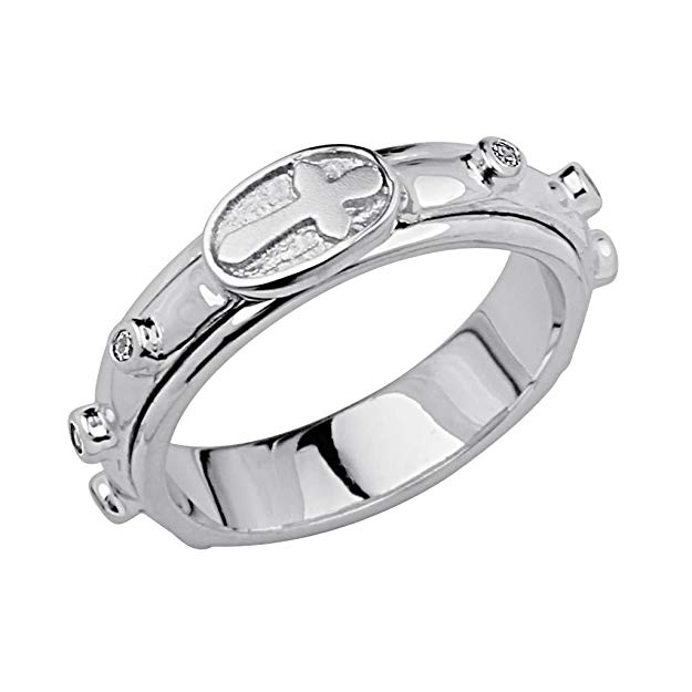 .925 Sterling Silver Rhodium Plated Religious Rosary / Rosario Spinning Prayer Ring