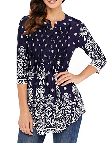 Ray-JrMALL Womens Floral Print Tunic Tops 3/4 Long Sleeves Casual Loose Floral Blouse Button Up Print Shirts
