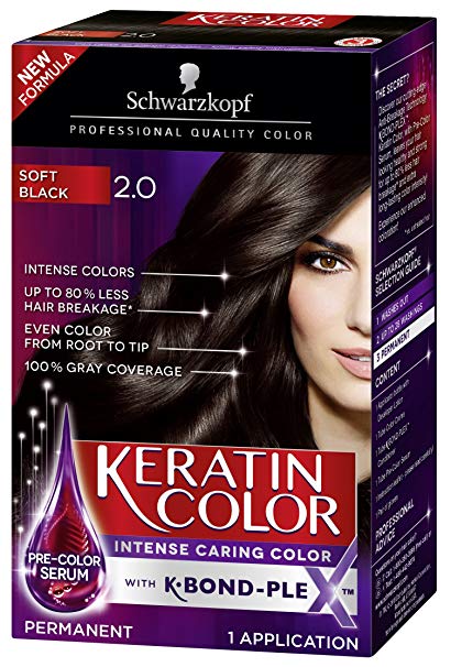 Schwarzkopf Keratin Color Permanent Hair Color Cream, 2.0 Soft Black(Packaging May Vary)
