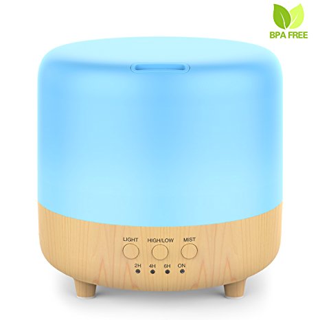 500ml Essential Oil Diffuser Wood Grain Aromatherapy Diffuser Ultrasonic Humidifier with Timing Set 7 Color LED Lamp Auto Waterless Shut off Portable Aroma Diffuser Decor for Home Office Baby Bedroom