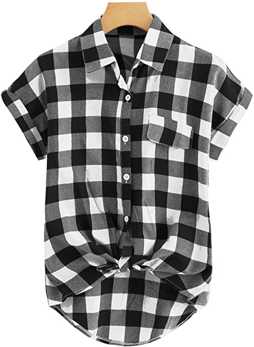 Milumia Women Casual V Neck Collar Knot Hem Button Down Rolled Cuff Short Sleeve Blouses Shirt Tops