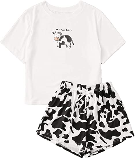 DIDK Women's Cute Cartoon Print Tee and Shorts Pajama Set