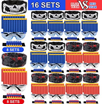 POKONBOY Compatible with Nerf Party Supplies Party Favors for Boys - 16 Sets Gun Accessories Compatible with Nerf Guns Birthday Party Favors with Face Mask, Refill Darts, Tactical Glasses, Wrist Bands
