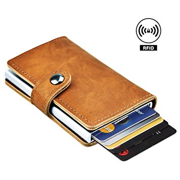 Dlife Credit Card Holder RFID Blocking Wallet Slim Wallet PU Leather Vintage Aluminum Business Card Holder Automatic Pop-up Card Case Wallet Security Travel Wallet (Light Brown)