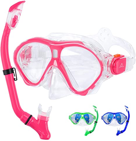 SKL Kids Snorkel Set Dry Top Snorkel Mask with Carrying Bag for Boys and Girls Youth Junior Age from 6-15 Years Old Child Snorkeling Gear Luminous