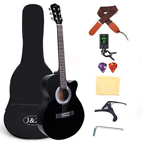 Beginner Acoustic Guitar 40 Inch Cutaway Mahogany Black Guitar Bundle with Gig Bag Clip Tuner Capo Strap 2 Picks Wipe