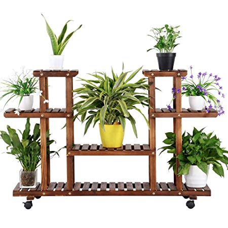 Yaheetech Multi-Layer Plant Stand Display Racks with Garden Wooden Shelving Balcony Decoration Flower Stand with Wheels