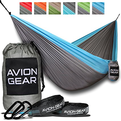 Hammock | Portable and Lightweight Perfect for Camping | Complete Kit: 2 Hammock Tree Straps 2 Hammock Carabiners and a Double Nylon Parachute Hammock | Outdoor Portable Hammock by Avion Gear (Blue)