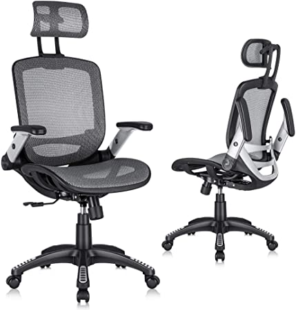 Gabrylly Ergonomic Mesh Office Chair, High Back Desk Chair - Adjustable Headrest with Flip-Up Arms, Tilt Function, Lumbar Support and PU Wheels, Swivel Computer Task Chair