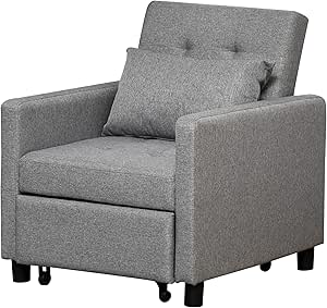 HOMCOM Fauteuil chauffeuse canapé-lit Convertible 1 place Dossier inclinable à 3 Positions avec accoudoirs Coussins Conforts Gris