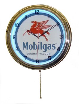 MOBIL GAS MOBILGAS OIL 15" NEON WALL CLOCK ADVERTISING GARAGE SIGN ONE 1