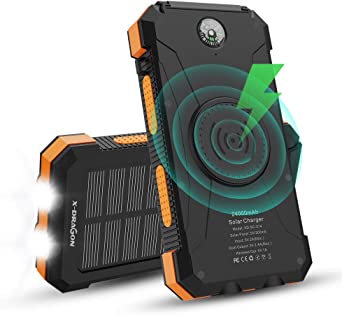 Solar Power Bank, X-DRAGON 24000mAh Qi Wireless Portable Charger External Battery Pack with Dual Input(USB C & MICRO), Dual Flashlight, Compass for iPhone, iPad, Samsung, Cell Phones, Outdoors, Camping