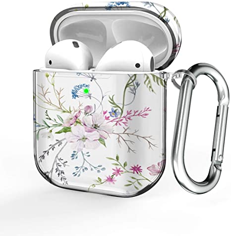 Maxjoy Case for Airpods, Airpods Protective Cover, Hard PC Skin Kit for Girls Men Women Compatible with Airpods 2 & 1 Charging Case with Carabiner [Front LED Visible], Flower