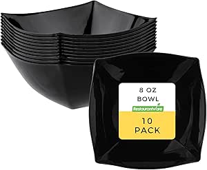 Restaurantware Moderna 8 Ounce Fancy Plastic Bowls 10 Square Disposable Salad Bowls - Durable Heavy-duty Black Plastic Bowls For Warm And Cold Foods