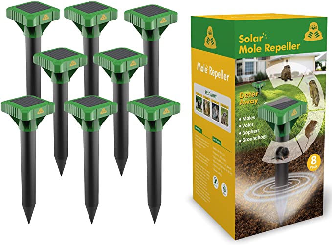 Pack of 8 Outdoor Mole Repellent Solar Powered Sonic Gopher Repeller Stake Sonic Groundhog Deterrent Spike