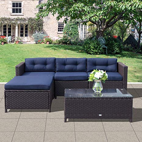 OC Orange-Casual Patio Furniture Set 5-Piece Outdoor Rattan Wicker Sectional Sofa with Glass Top Coffee Table & Seat Cushion, Large Size – Navy Blue