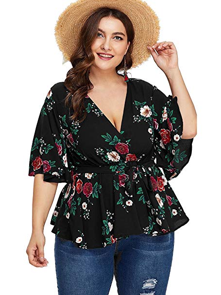 Romwe Women's Plus Size Floral Print Short Sleeve Belt Tie Peplum Wrap Blouse Top Shirts