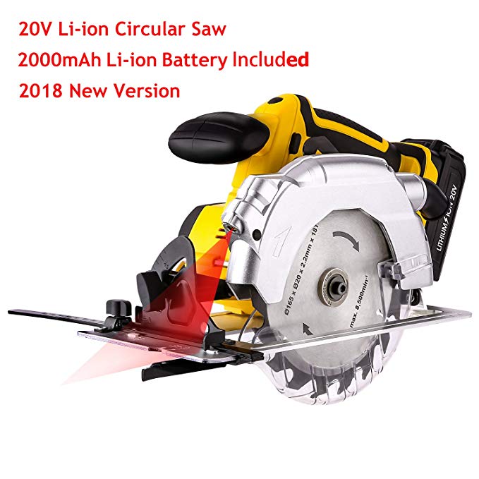 Coocheer 20-Volt Li-ion 7-1/2" Circular Saw, 7000rpm Max Rotation Speed Saw Blade with Lightweight Safety Guard, Guide Ruler, 2000mAh Li-ion Battery and Charger Adapter Included