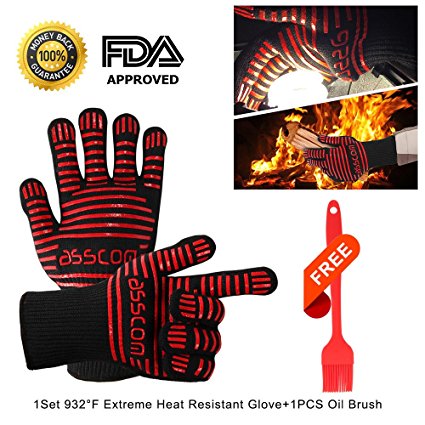 BBQ Gloves,Asscom BBQ Grilling Cooking Gloves, 932 °F Extreme Heat Resistant Oven Mitts-14'' Long for Extra Forearm Protection 1pcs Silicone oil Brush