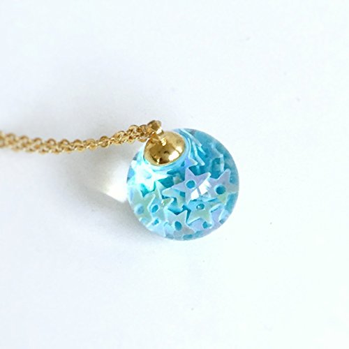 Light Blue Star Crystal Glass Ball Necklace - Water Inside - Orb Pendant Prism Charm Snow flakes - Bling - Gold - Shining