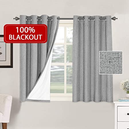 100% Blackout Curtains for Small Windows Thermal Insulated Linen Textured Curtains with White Backing Room Darkening Noise Reducing Window Curtains for Living Room (52 x 45 Inch, Dove Gray)