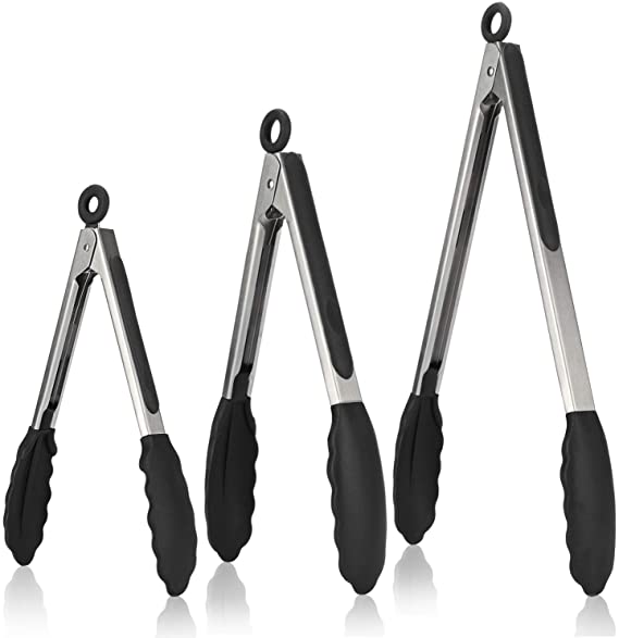 Kitchen Tongs, U-Taste 7/9/12 inches Cooking Tongs, with 600ºF High Heat-Resistant Non-Stick Silicone Tips&18/8 Stainless Steel Handle, for Food Grill, Salad, BBQ, Frying, Serving, Pack of 3(Black)