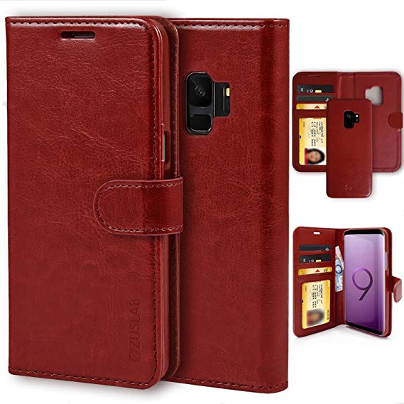 Galaxy S9 Case, ZUSLAB Genuine Leather Folio Wallet, Slim Detachable Magnetic Hard Case, Card Slots Carrying Flip Cover for Samsung S9, 2018 (Red Wine)