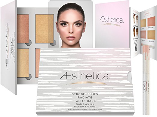 Aesthetica Strobe Series Highlighting Kit - 5-Piece Makeup Palette Set - Includes 4 Illuminating Powders and 1 Liquid Highlighter - Step-by-Step Instructions Included - Tan to Dark (Radiate)