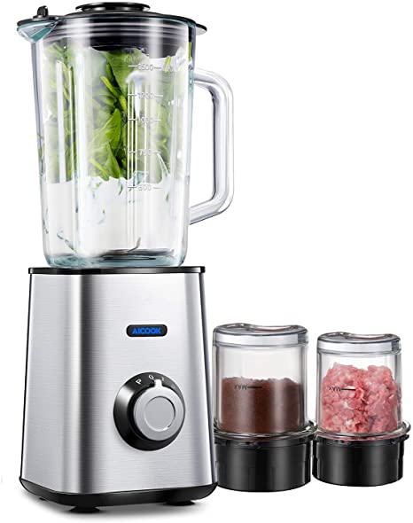 AICOOK Personal Blender Smoothie Blender Maker, 4 in 1 Glass Blender Grinder Meat Mincer Food Processor, 1.5L Smoothie Jug, 6 Titanium Coated Blades, Stainless Steel Base, for Ice Drink, Smoothie 450W