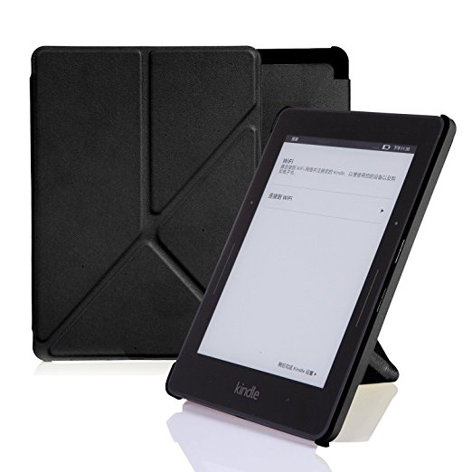 Nouske Amazon Kindle Voyage Case Cover Origami Book Style Sturdy Stand Hands free Magnetic Clasp Auto Wake Sleep function PU Synthetic Leather   Rubberized Back Shell, black