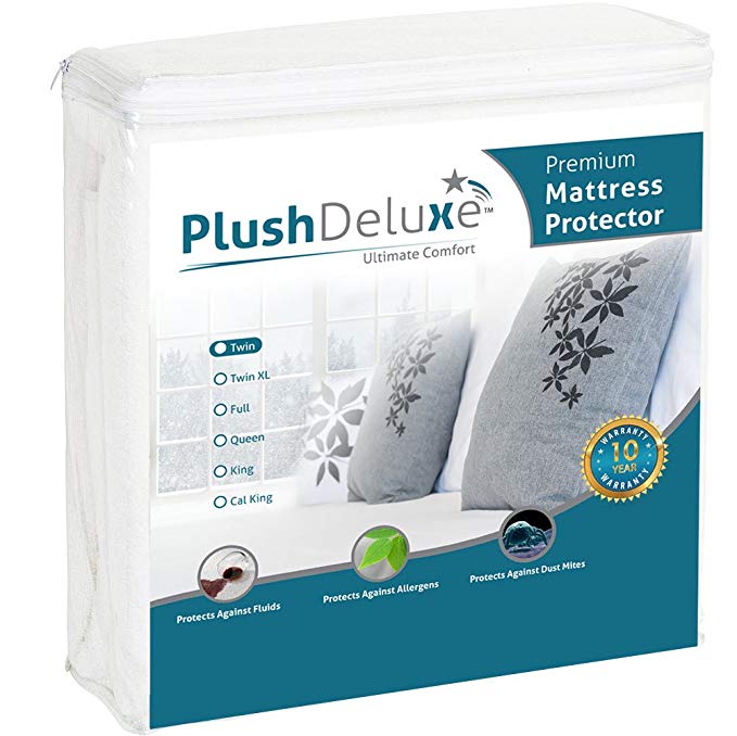PlushDeluxe Premium Mattress Protector, Waterproof & Hypoallergenic Mattress Cover, Breathable & Vinyl Free Soft Cotton Terry Surface, Twin, 10-Year Warranty
