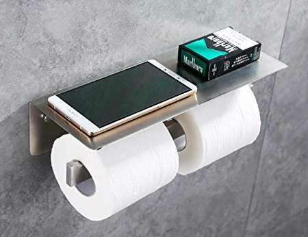 APL-8912G SUS304 Stainless Steel Toilet Double Paper Tissue Holder with Mobile Phone Storage Shelf, Brushed Nickel