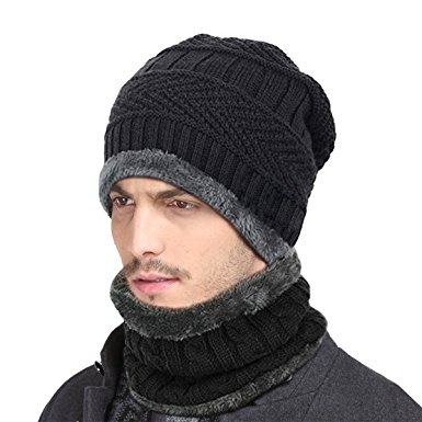 ZICA Unisex Winter Beanie Hat Scarf Set Warm Knit Hat Thick Knit Cap For Men Women Soft Wool Lining