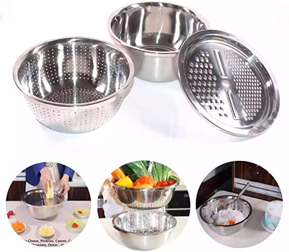 Multi-Purpose Stainless Steel Thickened Cheese Grater, for Grating Cheese, Slicing Vegetables and Washing Fruits,with Mixing Bowl & Drainer(3 in 1)