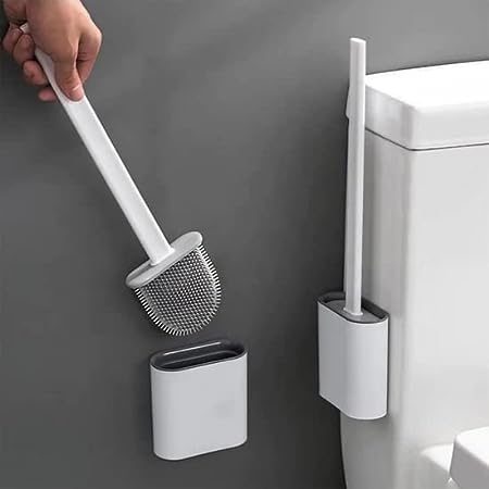 Epic Silicone Toilet Brush with Holder Stand for Western and Indian, Double-Sided with Adhesive Wall Mount (Multicolor)