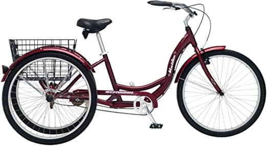 Schwinn Meridian Adult Tricycle with 26-Inch Wheels in Maroon, with Low Step-Through Aluminum Frame, Front and Rear Fenders, Adjustable Handlebars, Large Cruiser Seat, and Rear Folding Basket