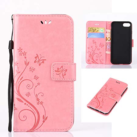 iPhone 7 Plus Case,iPhone 7 PLUS Wallet Case,LW-Shop for iPhone 7 PLUS PU Leather Case [Built-in Credit Card Slots] Magnetic Design Flip Folio Leather Cover Case with Flower Butterfly Pattern(Pink)