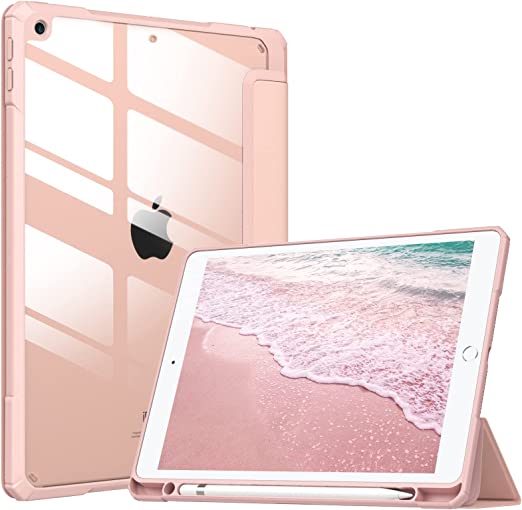 MoKo Case Fit New iPad 9th/8th/7th Generation Case with Pencil Holder (2021/2020/2019), iPad 10.2 inch Clear Shell Cover with Translucent Back Corner/Bumper Protector Case, Auto Wake/Sleep, Rose Gold